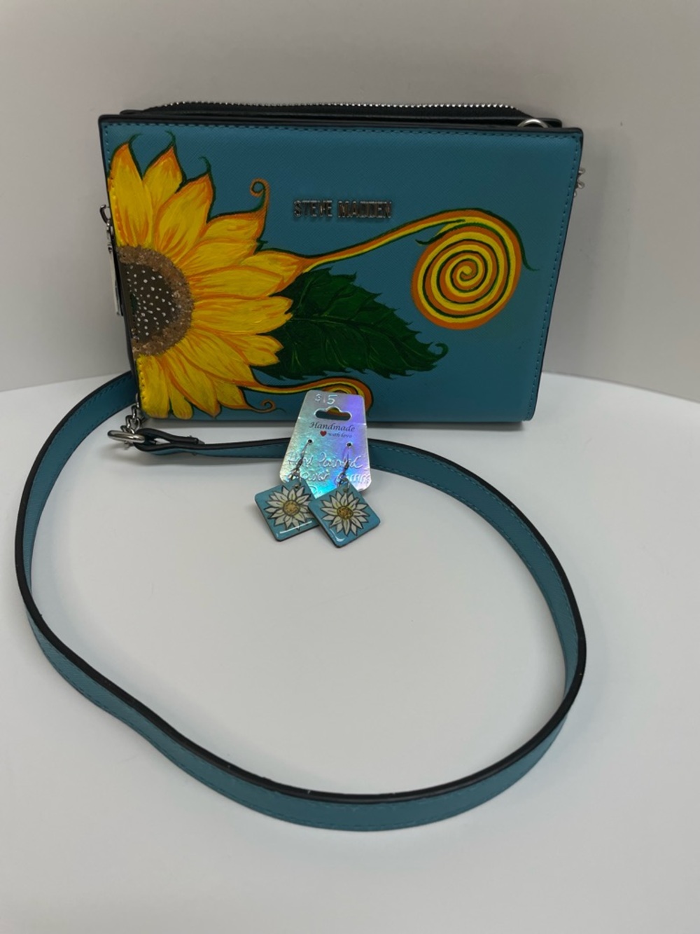 Steve Madden Teal Crossbody with Hand-Painted Sunflower & Earrings